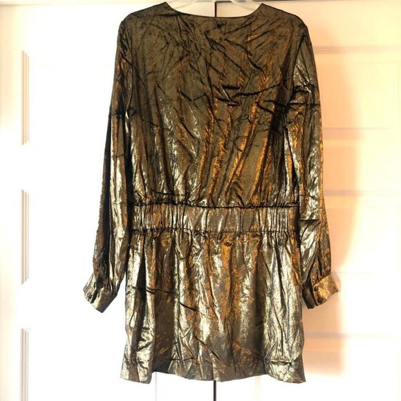 New FRAME Metallic Gold Lame' Velvet Long-Sleeve V-Neck Mini Dress 8 MSRP $595 - Picture 7 of 10